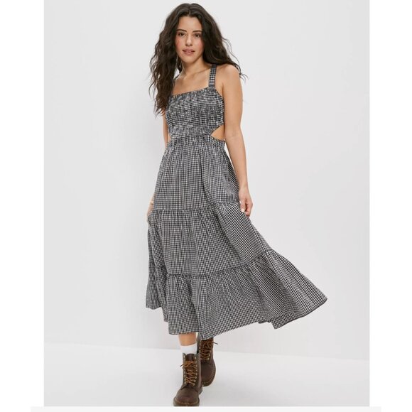 American Eagle Smocked Cut-Out Midi Dress Black White Gingham Linen Blend Size S - Picture 1 of 7